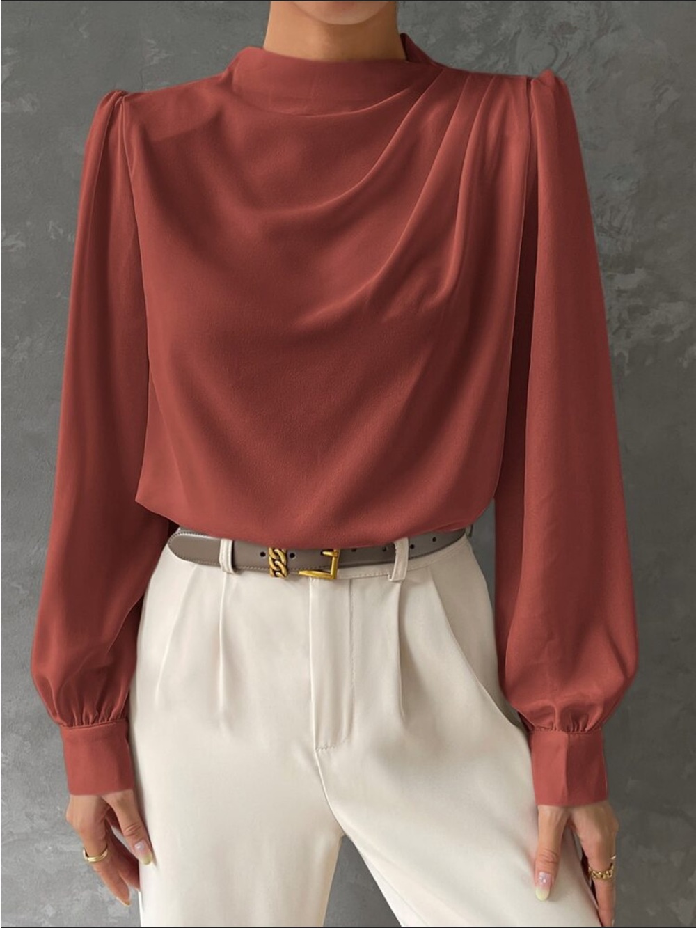 SHEIN Rust Red Draped High-Neck Blouse XL